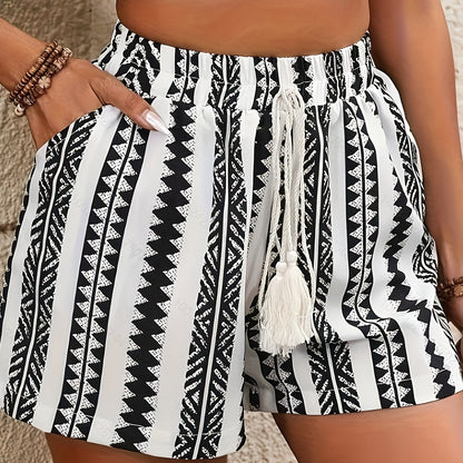 Shorts à rayures noires et blanches avec franges pour femme - Shorts d'été décontractés