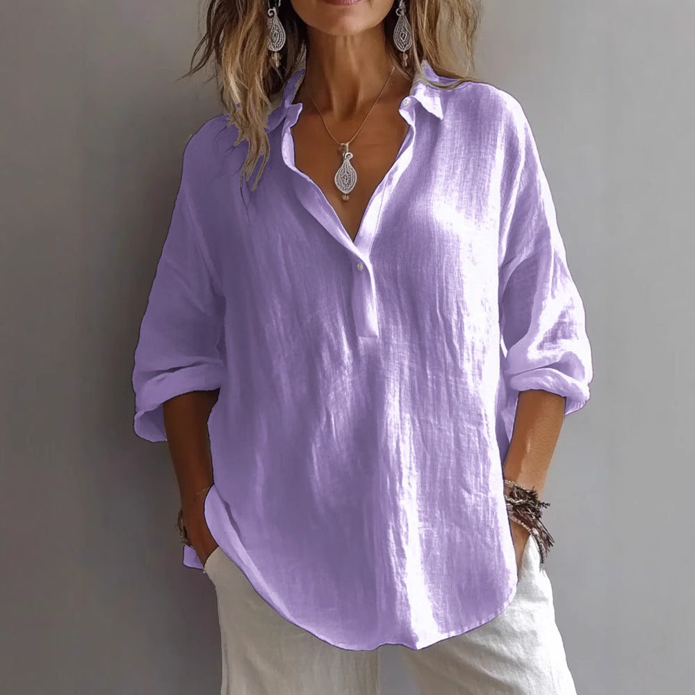 Womens Long-sleeved Lapel Pullover Shirt