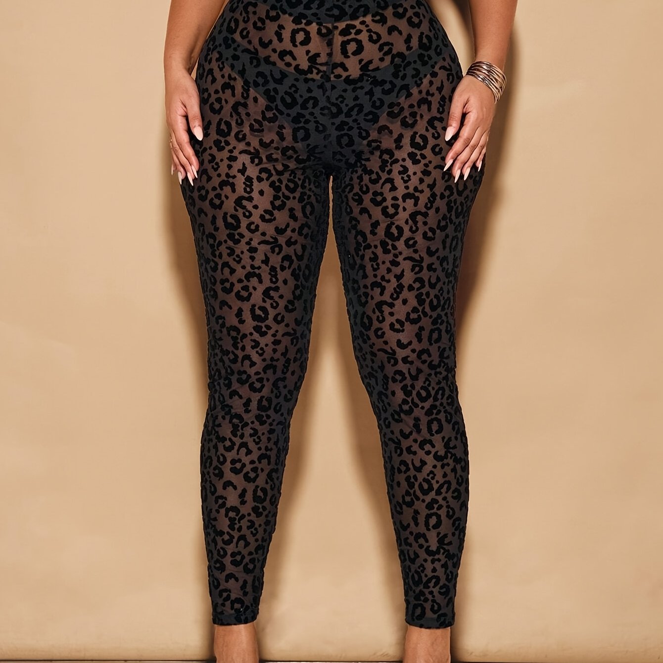 Plus Size Women's Black Leopard Print Sheer High-Waisted Leggings