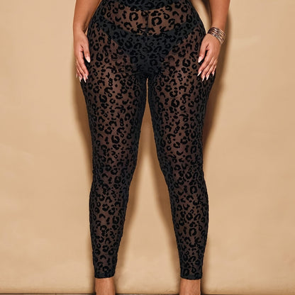 Plus Size Women's Black Leopard Print Sheer High-Waisted Leggings