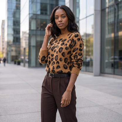 Leopard print round neck long sleeved sweater