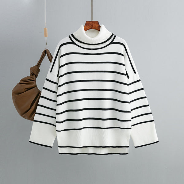 Womens Loose Casual Striped Turtleneck Sweater - Stuffs & Savers