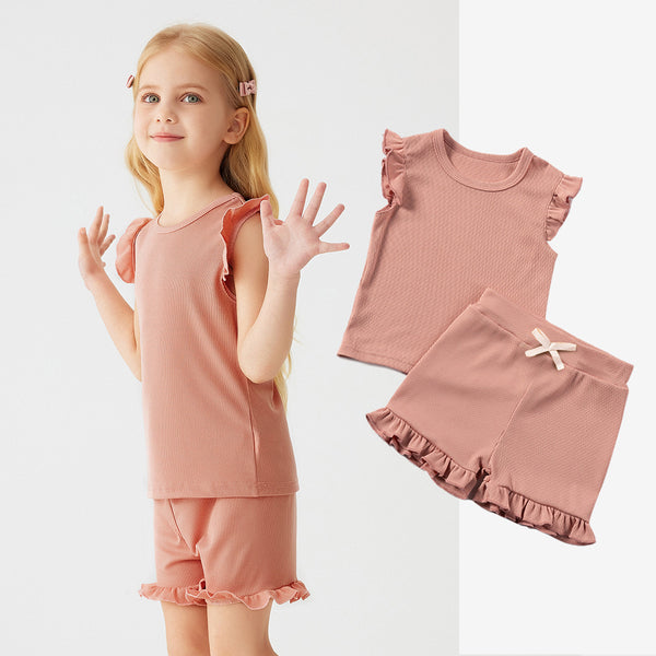 Girls' Solid-Colored Short-Sleeve Shorts Set