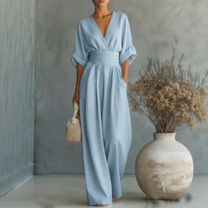 Women's V-Neck Wide-Leg Pleated Jumpsuit