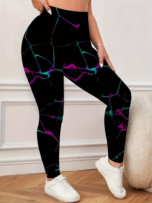Legging taille haute femme grande taille à imprimé floral - Extensible, décontracté, lavable en machine, noir avec des touches de violet vif et de sarcelle, coupe confortable toutes saisons, legging taille haute