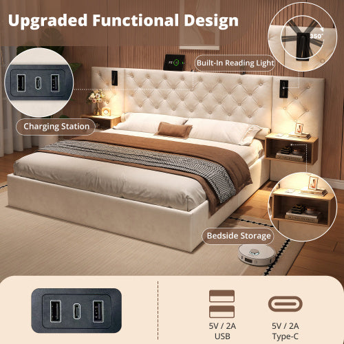 King Upholstered Bed With Charging Station, Velvet Hydraulic Storage Bed With Reading Light, 5ft King Bed Frame With Handmade Button Tufted Wide Headboard And Bedside Storage, Beige