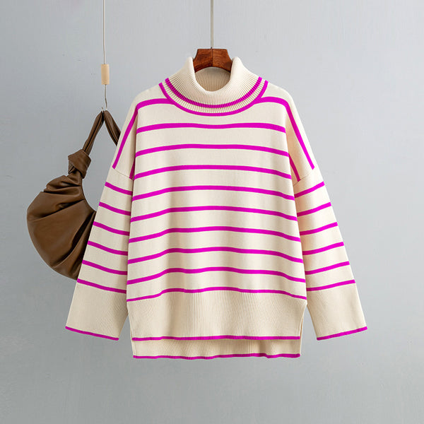 Womens Loose Casual Striped Turtleneck Sweater - Stuffs & Savers