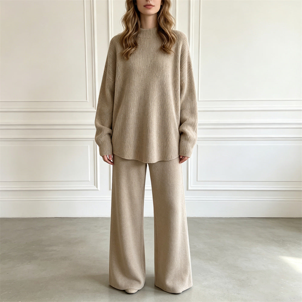 Loose solid color pullover sweater set
