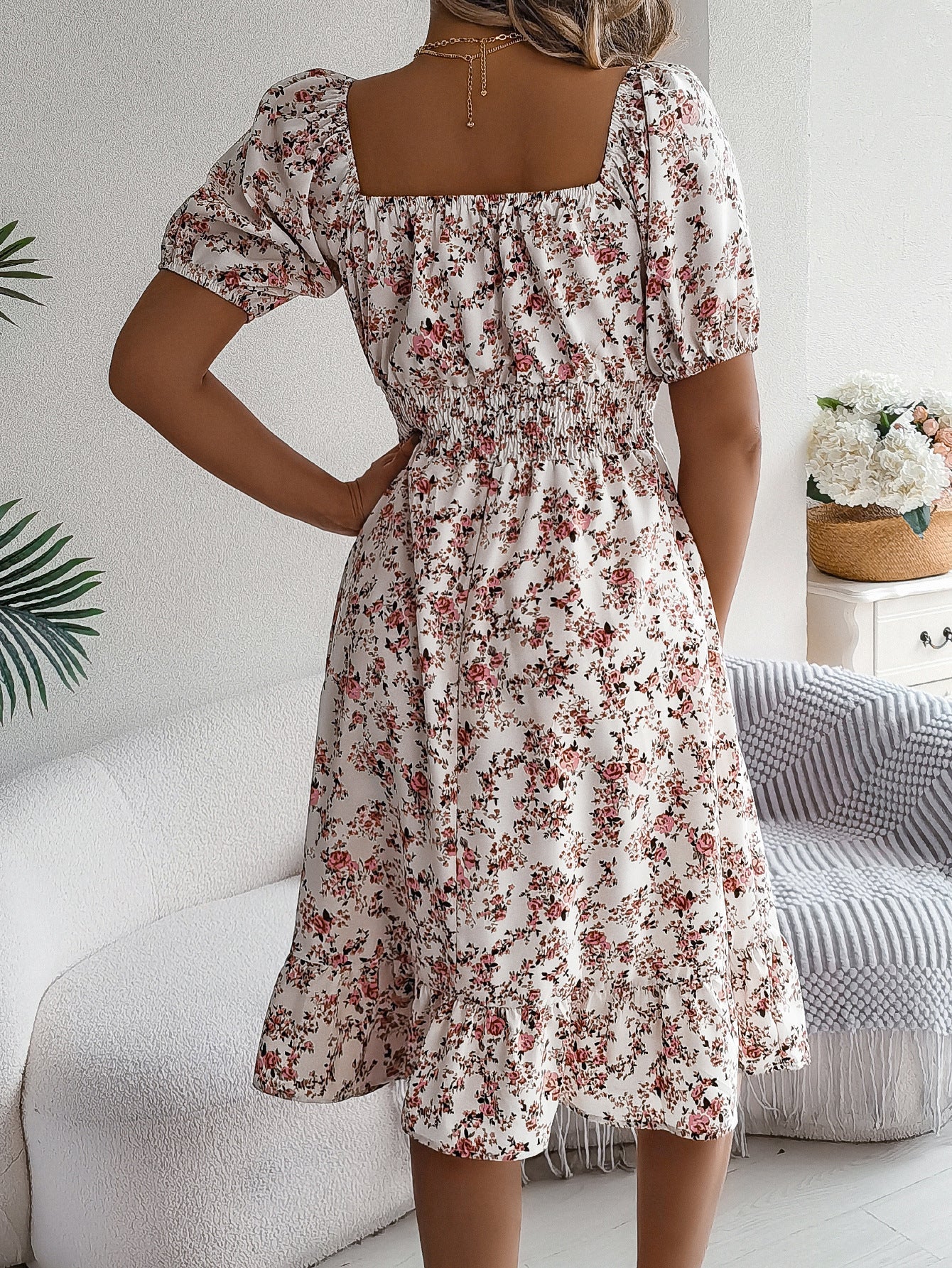 Robe à Imprimé Floral Col Carré Robes d'Été à Volants Mode Vêtements Féminins
