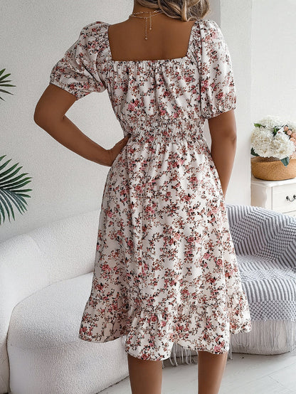 Robe à Imprimé Floral Col Carré Robes d'Été à Volants Mode Vêtements Féminins