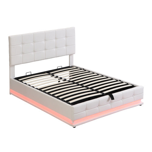 Ottoman Double Bed With LED Lighting, PU Leather Upholstered Bed With Hydraulic Storage, 4ft6 Double Bed Frame With Adjustable Button Tufted Headboard, Cream White No Mattress