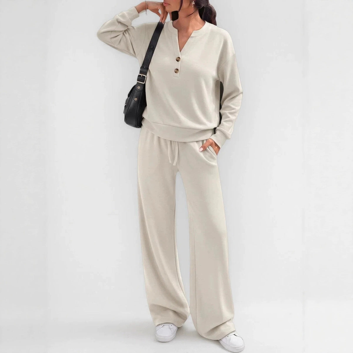 Loose long sleeve top and wide leg pants two piece set - view 1