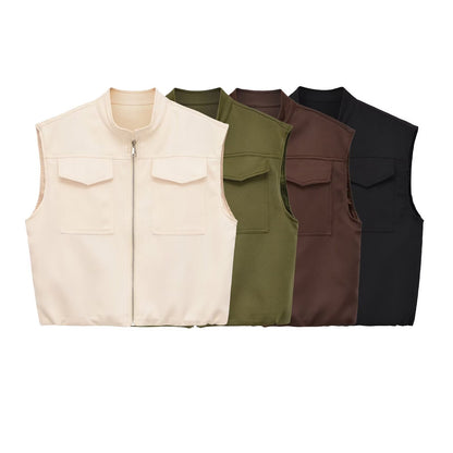 Flip zipper stand up collar loose vest