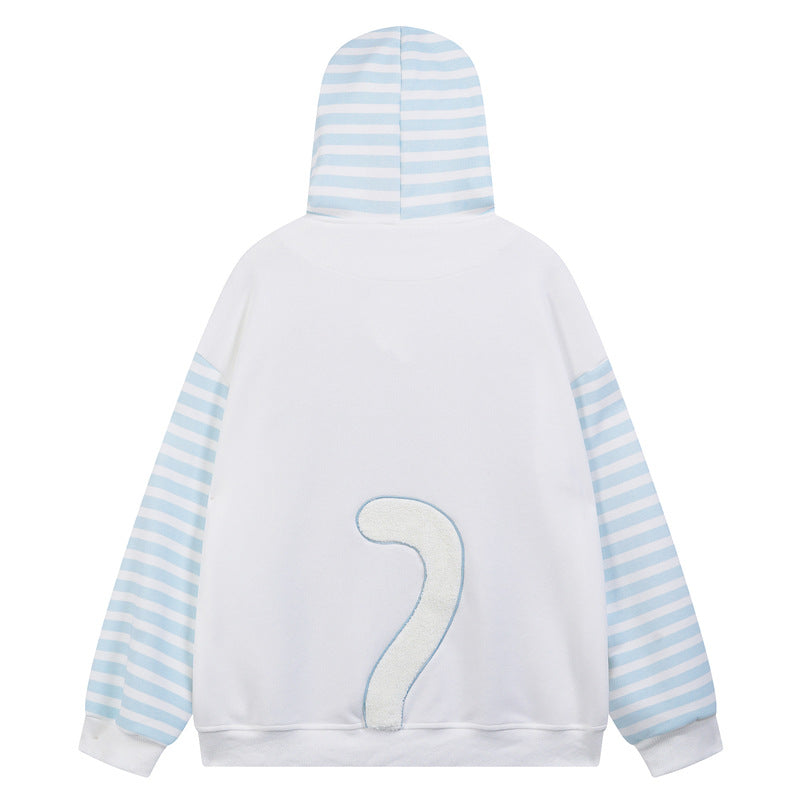 Hooded hoodie with fishbone claw print embroidered fabric striped patchwork jacket