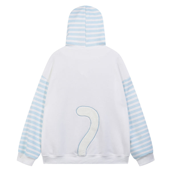 Hooded hoodie with fishbone claw print embroidered fabric striped patchwork jacket