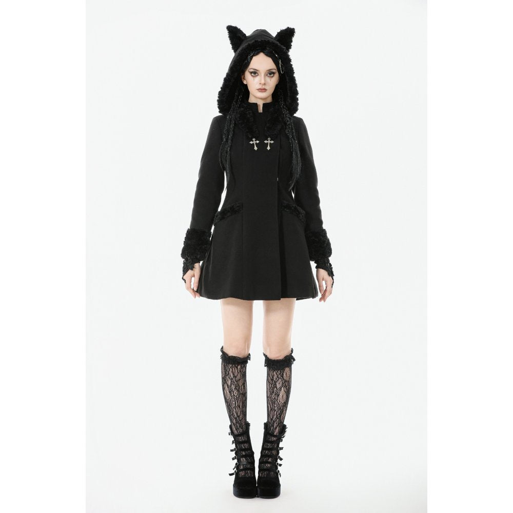 Manteau gothique Dark in Love avec oreilles de chat en fausse fourrure