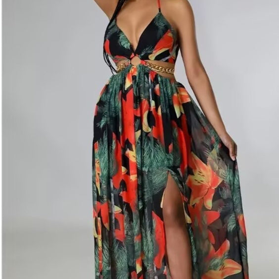 Floral Print Backless Side-Slit Dress