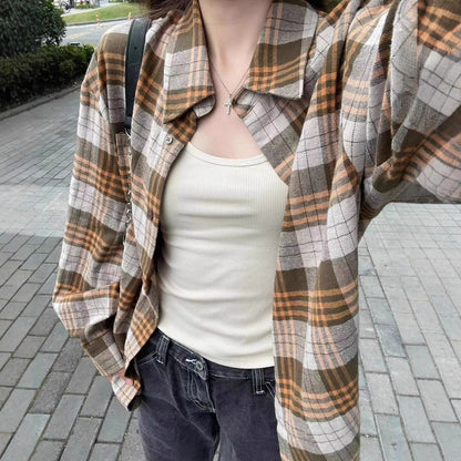 Style Plaid Shirt Women's Casual Loose Fit Polo Collar Long Sleeve