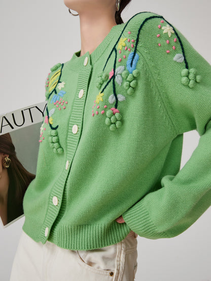 3DEmbroidered Round Neck Knitted Cardigan