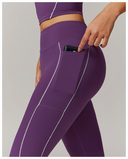 Pantalon de yoga taille haute couleur contrastée pour le fitness, toucher seconde peau, avec poches