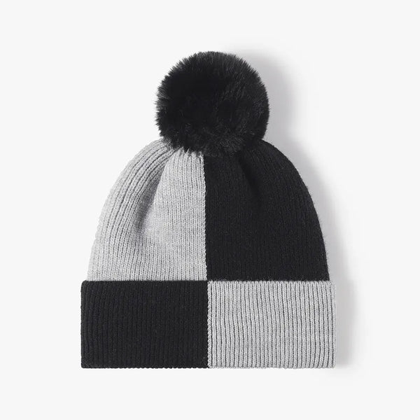 Color block knit hat with pom-pom - view 2