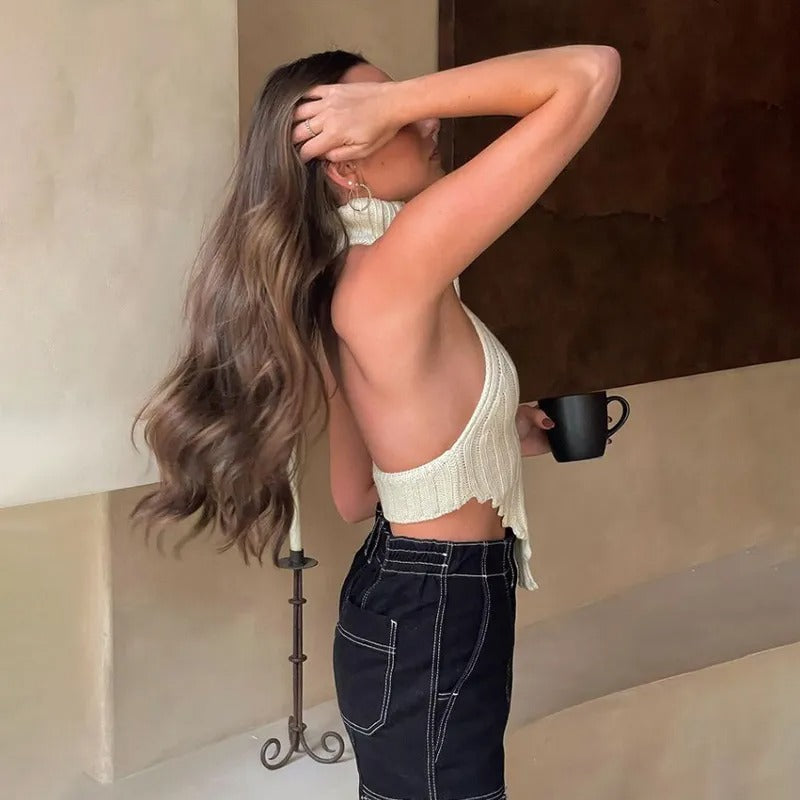 Débardeur en tricot uni à col roulé et coupe ajustée irrégulière pour femme