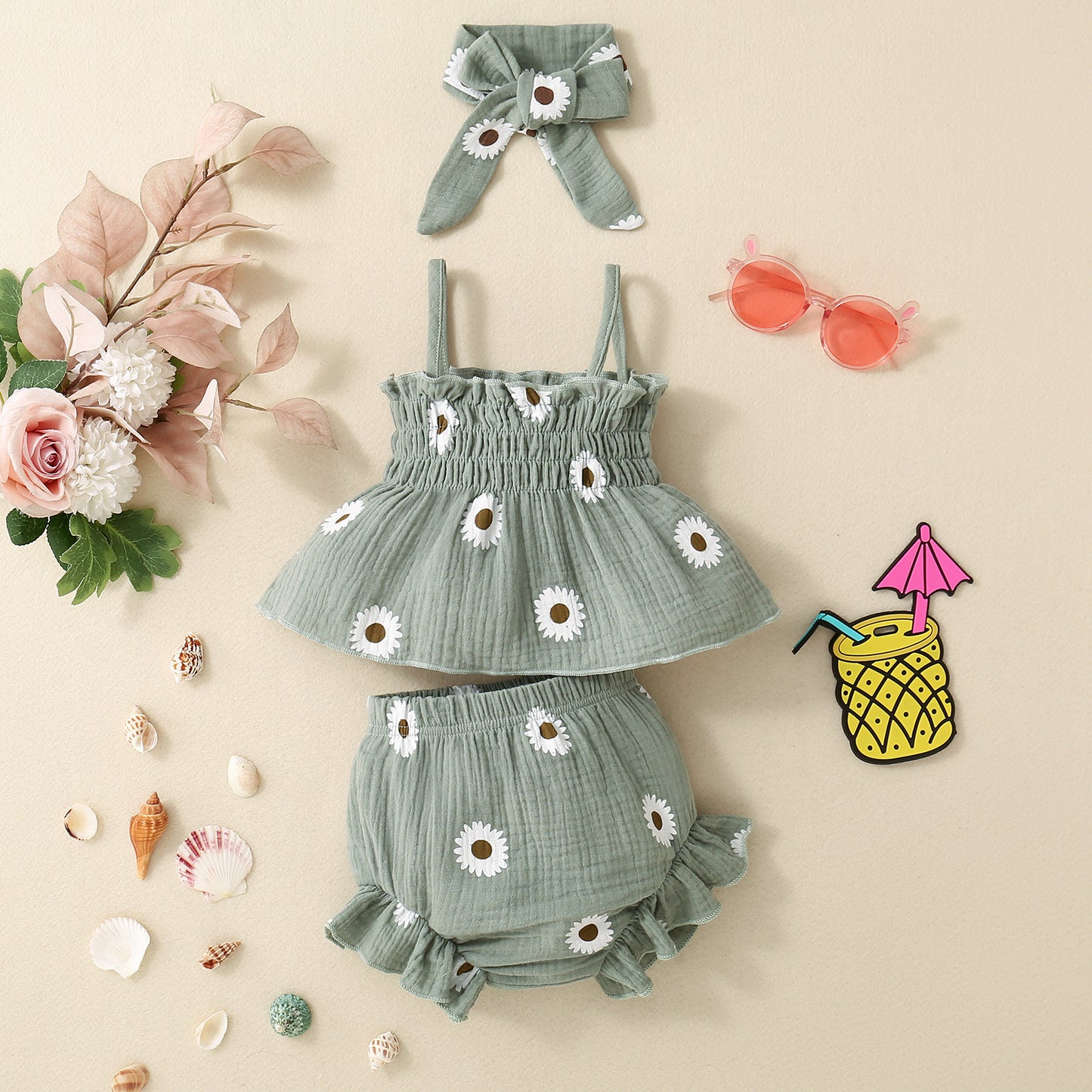 Infant Sunken Stripe Suspender Skirt Shorts Headscarf Three-piece Set