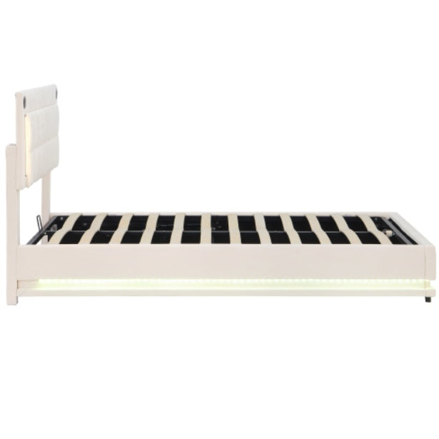 5ft King LED Hydraulic Bed With Charging Station, Adjustable Square Tufted Headboard With Intelligent Control Light, Soft Velvet Bed Frame With USB And Type - C Ports, Beige