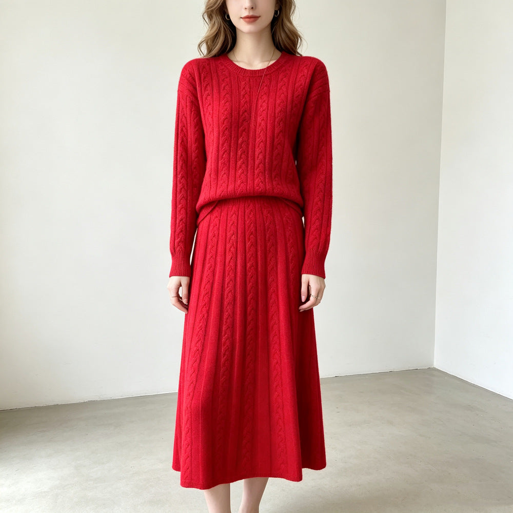 Round neck pullover sweater skirt set for women