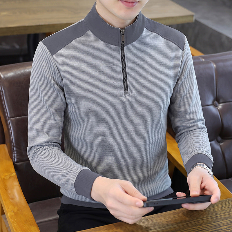 Men's Casual Striped Long Sleeve Mock Neck Half Zip Pullover T-Shirt