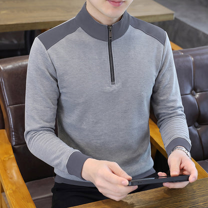 Men's Casual Striped Long Sleeve Mock Neck Half Zip Pullover T-Shirt