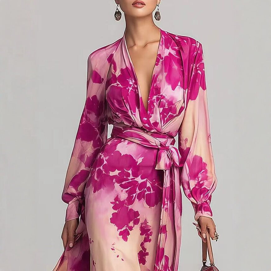 Printed Chiffon Long Sleeve V-Neck Tie-Up Dress