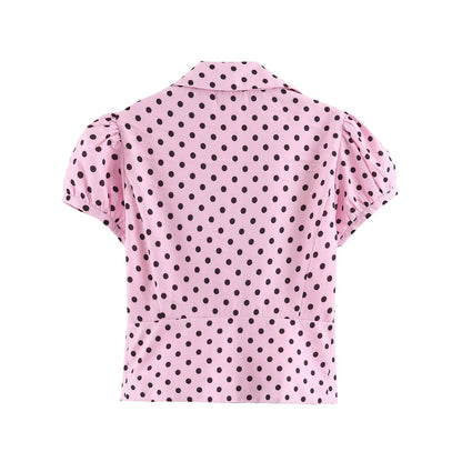 Two button polka dot short sleeved shirt for women