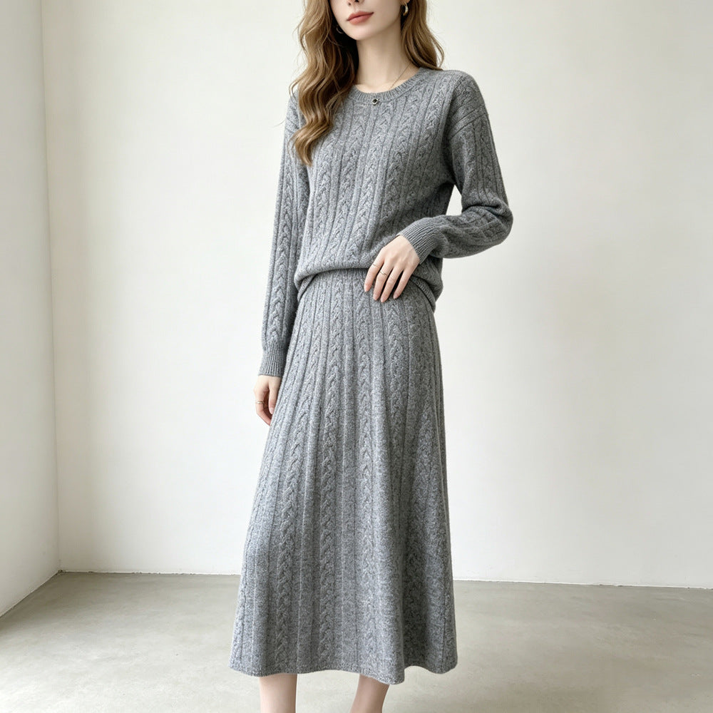 Round neck pullover sweater skirt set for women