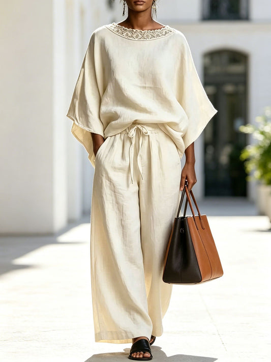 Fashion Casual Solid Color Lace Round Neck Loose Short Sleeve Pants Two-Piece Set