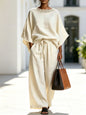 Fashion Casual Solid Color Lace Round Neck Loose Short Sleeve Pants Two-Piece Set