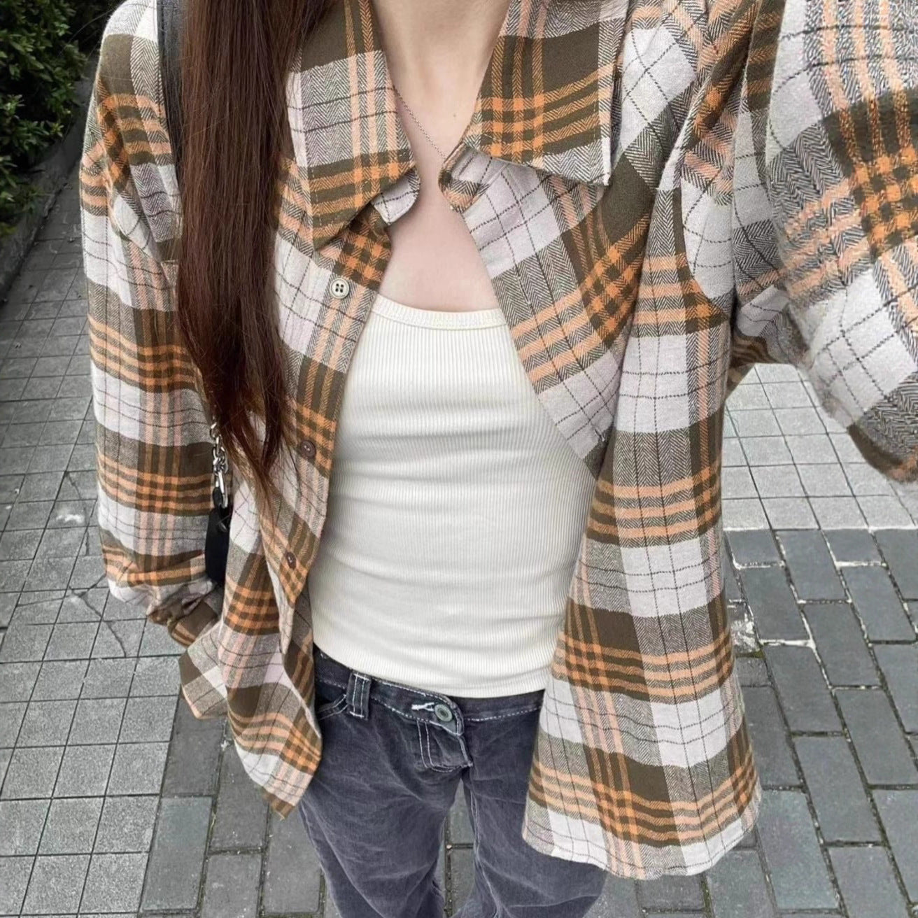 Style Plaid Shirt Women's Casual Loose Fit Polo Collar Long Sleeve