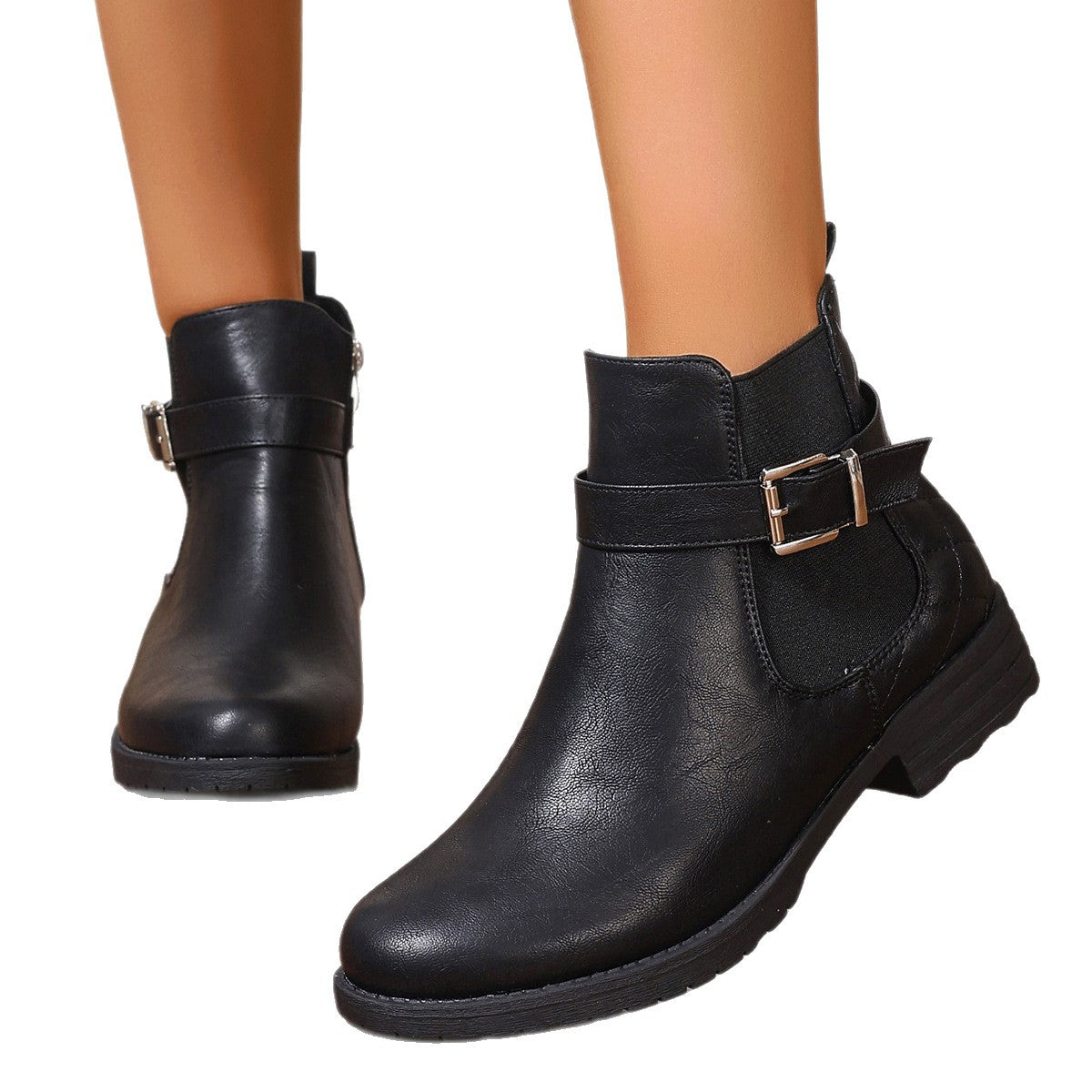Low Heel Buckle Checkered Leather Boots