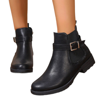 Low Heel Buckle Checkered Leather Boots