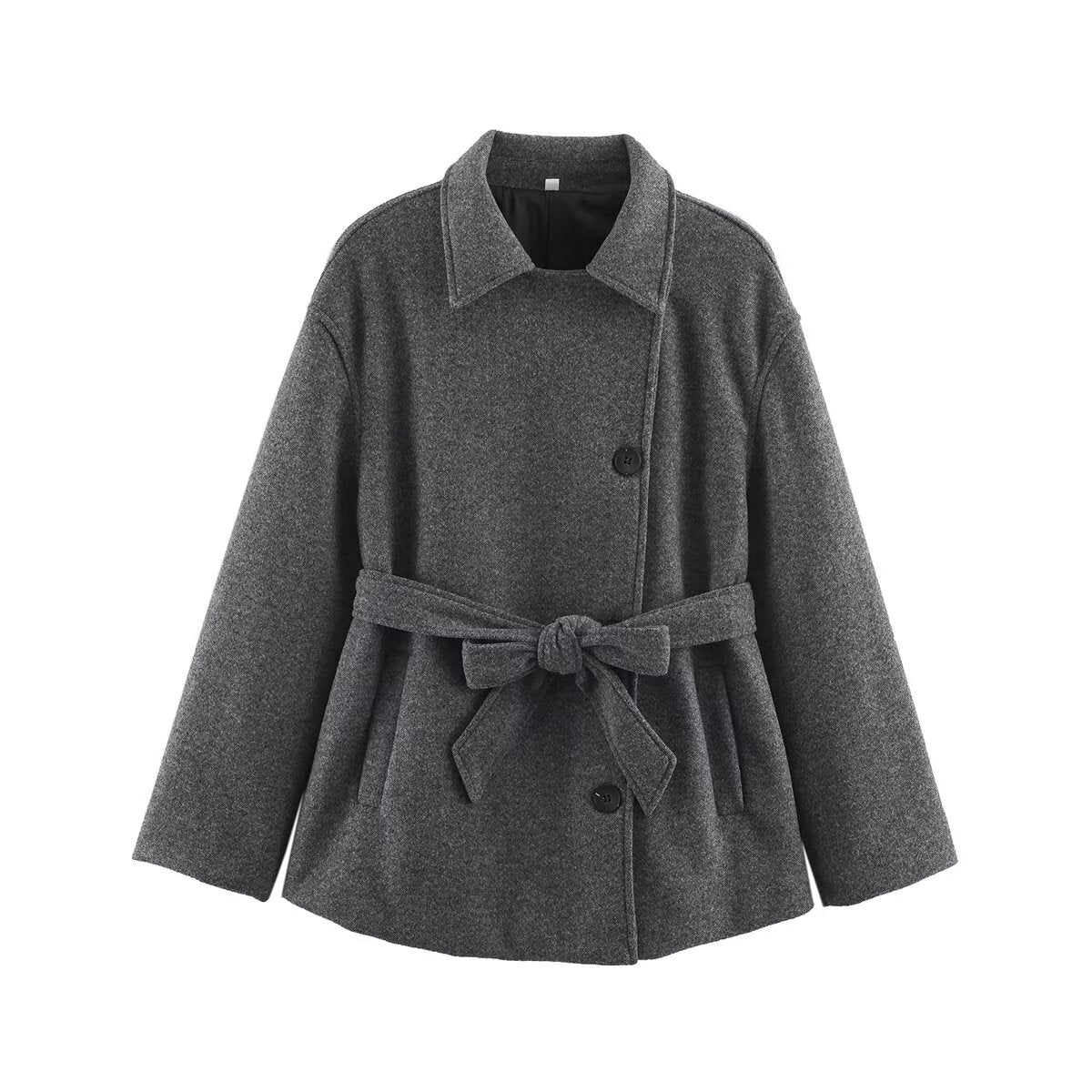 Slanted breasted buckle with waist belt woolen coat for women