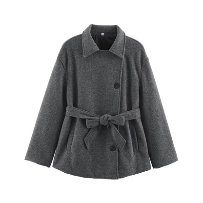 Slanted breasted buckle with waist belt woolen coat for women