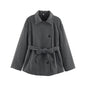 Slanted breasted buckle with waist belt woolen coat for women