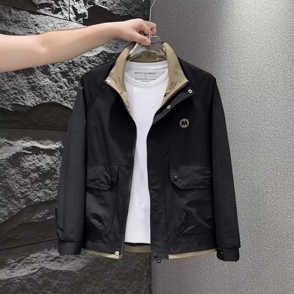 Color-Block Double Layer Stand Collar Short Jacket