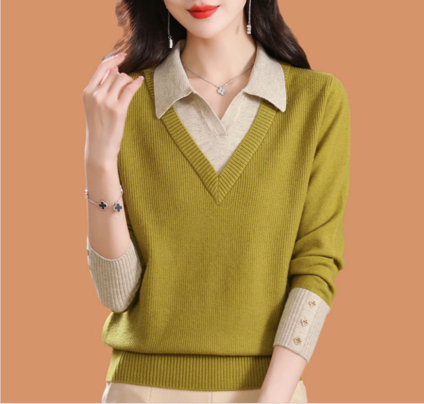Fake two woolen sweaters women's color blocked base sweater