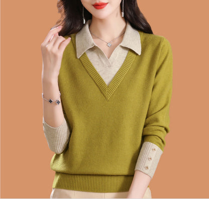 Fake two woolen sweaters women's color blocked base sweater