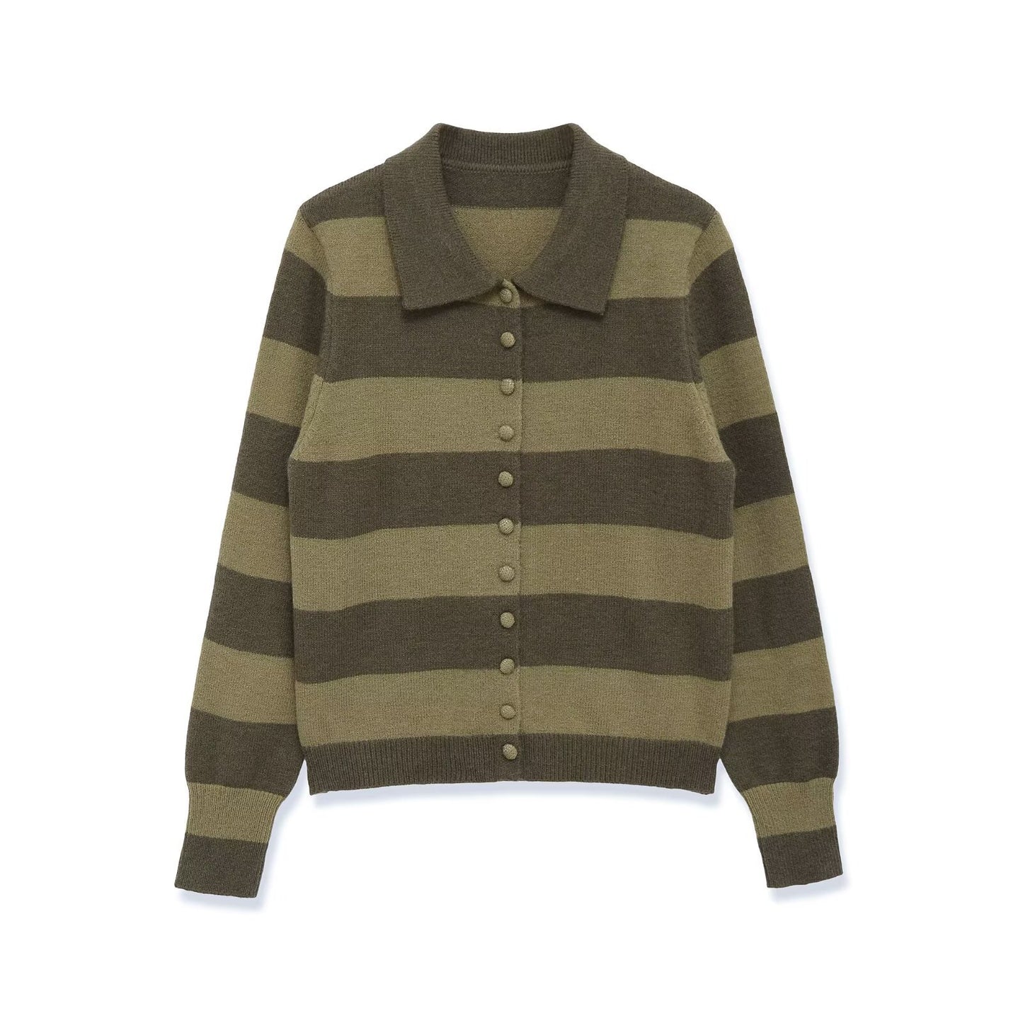 Women's long sleeved polo collar striped knitted sweater