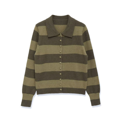Women's long sleeved polo collar striped knitted sweater