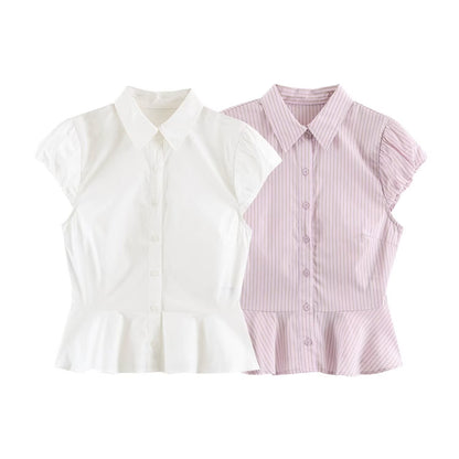Single breasted striped ruffle edge shirt for women