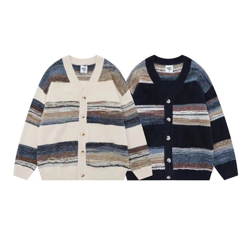 Men's Vintage Striped V-Neck Open Front Knit Cardigan