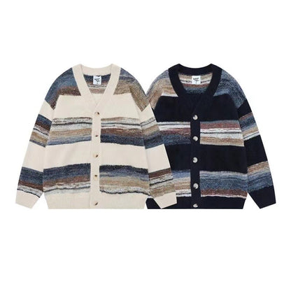 Men's Vintage Striped V-Neck Open Front Knit Cardigan